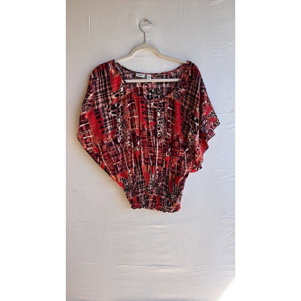 Cato Women's Red Multi-Pattern Batwing Smocked Waist Blouse